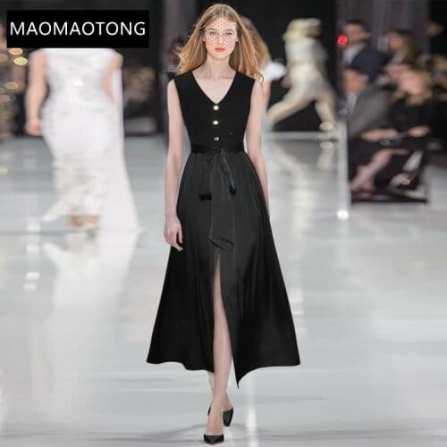 Fashion Designer Summer Black Dress Womens V-neck Sleeveless Single-breasted High waist A Line Midi Dress