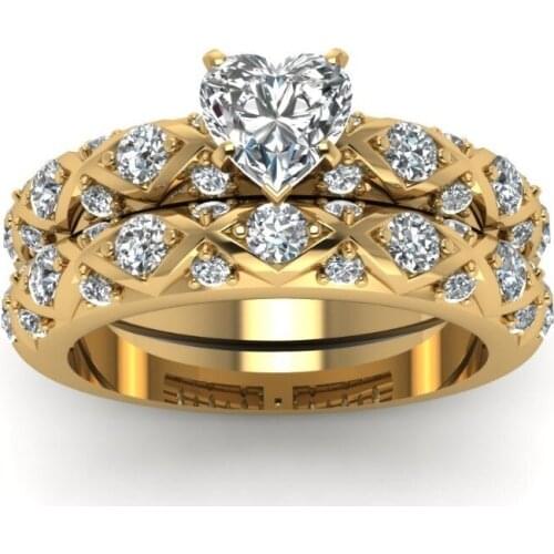 Elegant Women Ring Set Fashion Heart Shape Crystal Rhinestones Ring For Women Accessories Bridal Wedding Jewelry Gift Gold Color