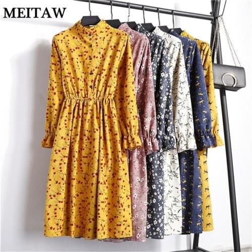 Vintage Corduroy Long Sleeve Floral Print Midi Dress Women Elastic Waist Dresses 2020 Spring Elegant Dress Vestidos