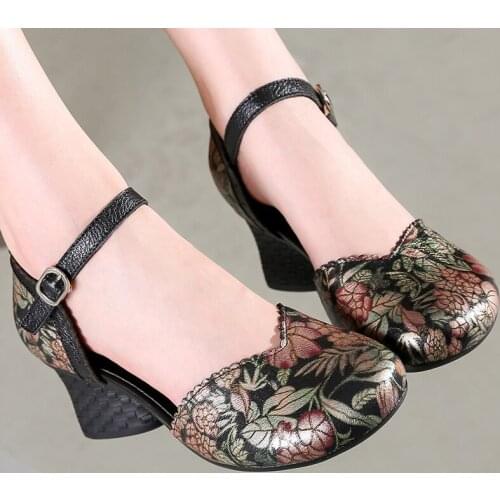 2021 New Women Sandals Wedding Party High Heels Genuine Leather Summer Shoes Buckle Strap Retro Handmade Concise Ladies Sandals