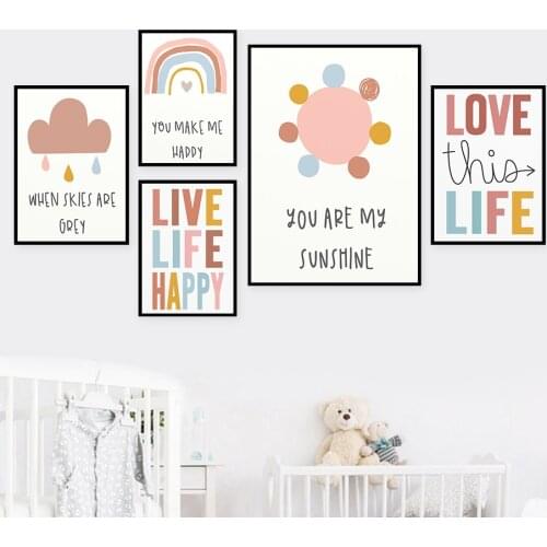 Abstract Sunshine Rainbow Clouds Quotes Boho Nursery Posters And Prints Wall Art Canvas Painting Wall Pictures Kids Room Decor