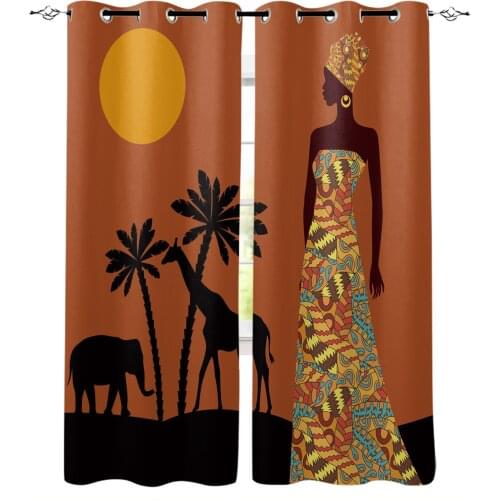 African Woman Plant Giraffe Elephant Ethnic Blackout Curtains For Boys Girls Bedroom Kids Curtains For Living Room Decoration