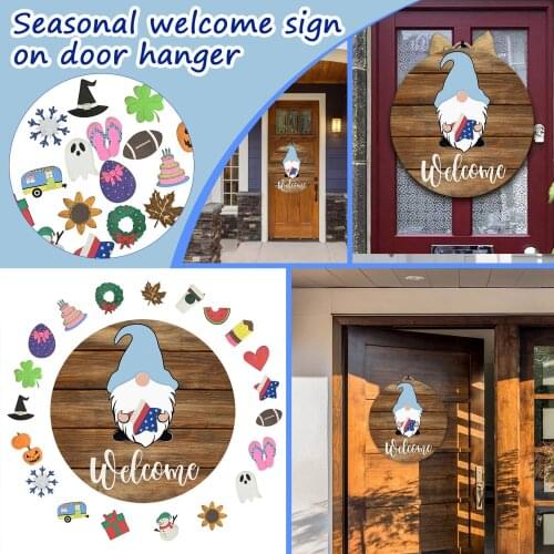Wood Gnome Door Hanger Seasonal Welcome Sign With Interchangeable Holiday Pieces Front Door Decoration All Season Welcome Sign