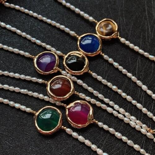 Colorful Agates Charm Bracelets Small Rice Pearl Strand Reiki Healing Chakra Agat Stone Natural Freshwater Pearl Bracelets Femme