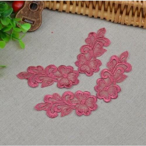 2 Pairs 13*3cm Gorgeous Embroidery Roseo Pink Mirror Lace Applique Lace Patches Flower Shape