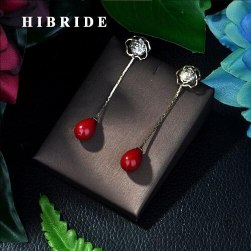 HIBRIDE Fashion Jewelry Gold-Color Earrings Long Chain Red Pearl Earrings For Women E-42