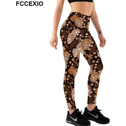 FCCEXIO Fashion Pop Art Style with Skeleton Heads Printing Skull Women Sexy High Waist Leggings Plus Size Slim Workout Leggings