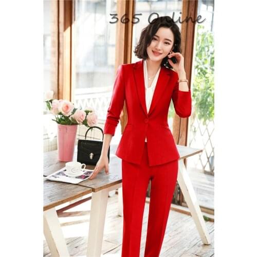 Novelty Red Formal Professional Women Business Suits with Pants and Jackets Coat for Ladies Office Work Wear Blazers Pantsuits