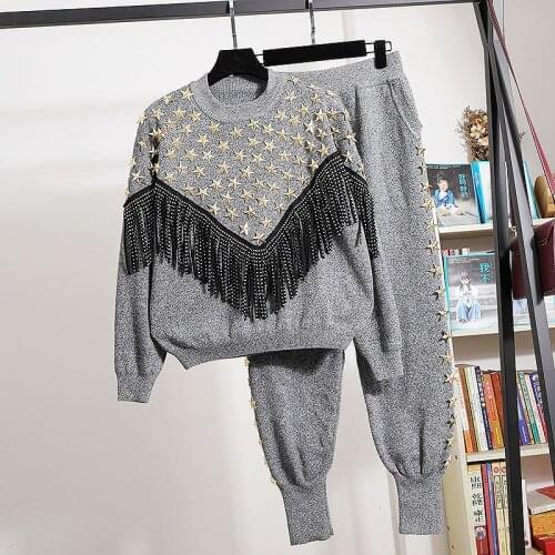 Autumn Manual Rivet Tassel Knitted Tracksuit Set Women O Neck Knit Pullover Sweater Pencil Pants Outfits Casual Knitwear Sets