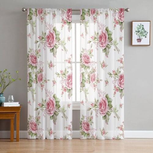 Pink Rose Romantic Sheer Curtains for Living Room Bedroom Kitchen Tulle for Windows Voile Yarn Curtains for Bedroom