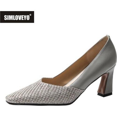 SIMLOVEYO 2021 Pump Genuine Leather Cloth Patchwork Espadrilles Pointed Toe Slip On 7.5cm Spool Heel Size 34-40 Grey Brown A4323