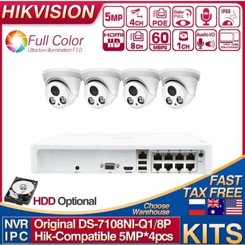 Hikvision Compatible Kits DS-7108NI-Q1/8P 8POE NVR With 5MP Full-color IP Camera POE Built-in MIC 4pcs Plug&play CCTV System