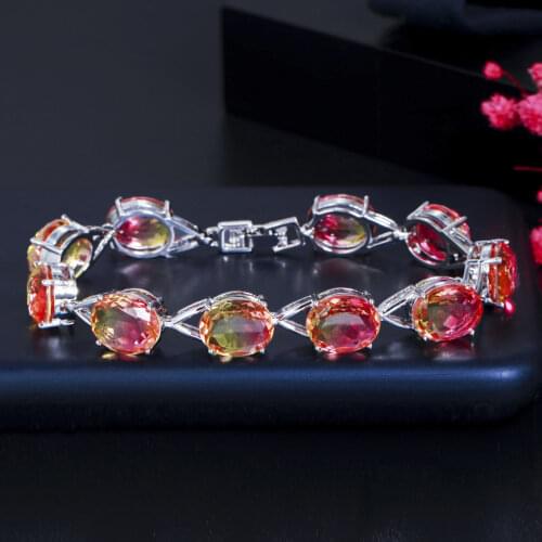 ThreeGraces Beautiful Rainbow Fire Red CZ Crystal Oval Shape Chain Link Tennis Bracelets for Women Trendy Party Jewelry BR165
