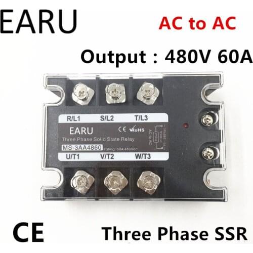 TSR-60AA SSR-60AA Three Phase Solid State Relay AC90-280V Input Control AC 30~480V Output Load 60A 3 Phase SSR High Power AA4860