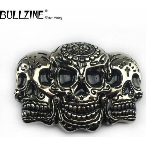 The Bullzine Fashion 3 skulls belt belt buckle with silver finish FP-03555-1 suitable for 4cm width belt