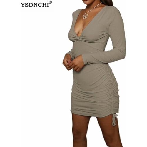 YSDNCHI Wrap Deep V Neck Side Ruched Drawstring Bodycon Dress Women Long Sleeve Sexy Party Autumn Elastic Skinny Mini Vestidos