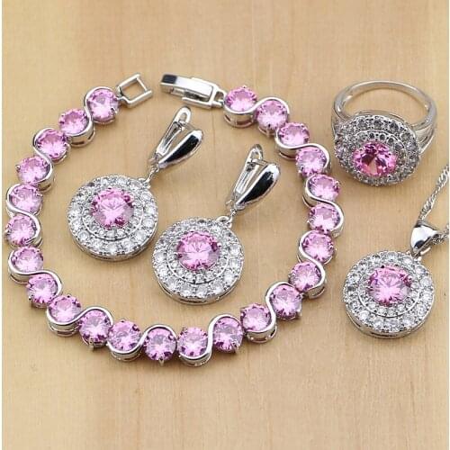 925 Silver Jewelry Pink Zircon Stones White CZ Jewelry Sets For Wedding Earrings/Pendant/Necklace/Rings/Bracelet