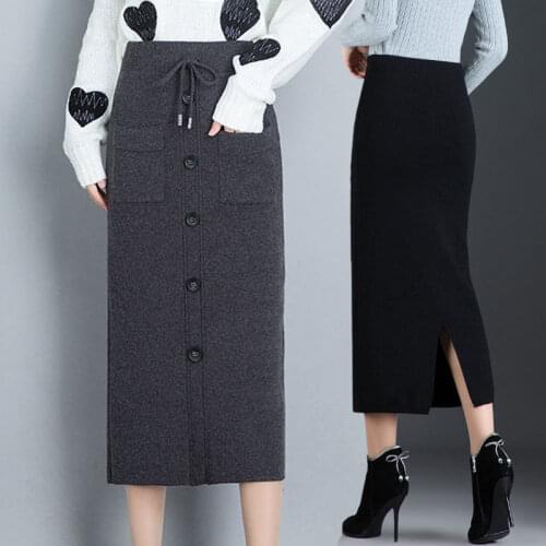 Woman Office Lady Elastic Waist Straight Skirt Women Casual Warm Winter Long Knit Skirt Female Fashion Vintage Skirts H763
