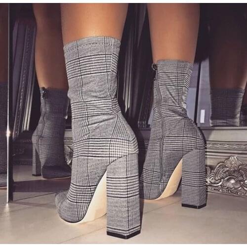 Womens high heels Womens Boots Pointed Plaid Thick Heel Winter Boots ankle boots for women women shoes winter boots women