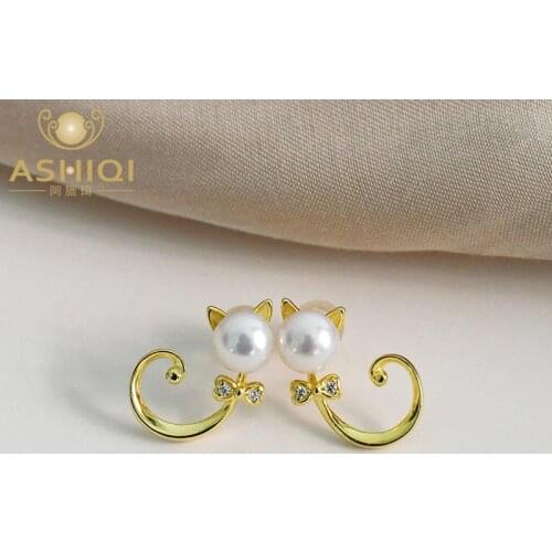 ASHIQI Genuine 925 Sterling Silver Cat Stud Earrings 6-7mm Natural Freshwater pearl Dazzling Zircon for Women & Girls gift