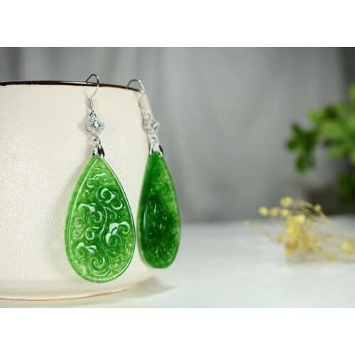 Natural hollow handcarved green jade earrings with 925 sterling silver 925 earrings jewelry earrings for women earrings