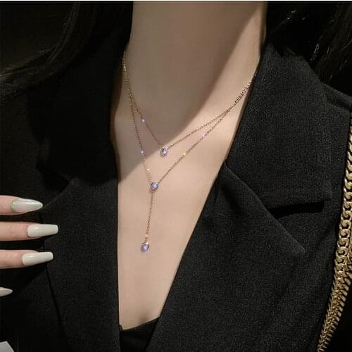 Kpop Fashion Stainless Steel Crystal Necklace Pendant Women Cute Girl Rose Gold color Double Layer Chain Pendant Korean Jewelry