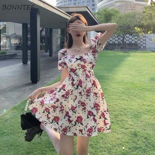Mini Dress Women Casual Fashion Vintage Floral with Bow Kawaii Puff Sleeve A-line Loose High Waist Korean Style Summer Vacation