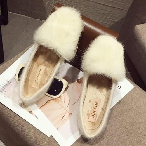 Winter Shoes Woman Real Rabbit Fur Flats Loafers Casual Slip On Plush Ballets Sqaure Toe Fleece Moccasins Ladies Wool Footwear