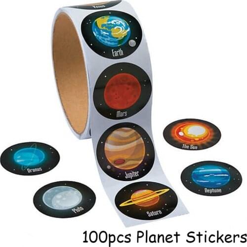 100pcs Planet Paper Stickers Outer Space Birthday Party Decorations Kids Astronomy Mars Earth Paper Stickers Tag Party Supplies