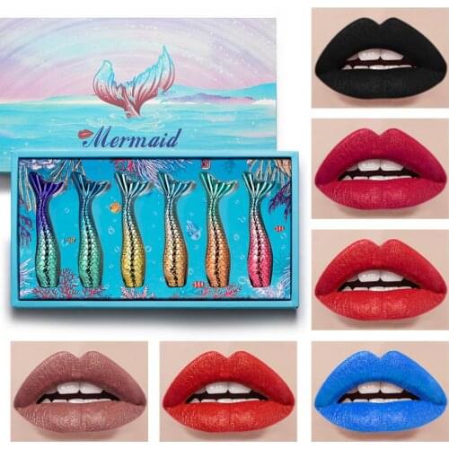 MERMAID 6Pcs/set Matte Velvet Lip Gloss Foggy Face Waterproof Lipstick Longlasting Lip Makeup Sexy Women Lip Tint Cosmetic TSLM2