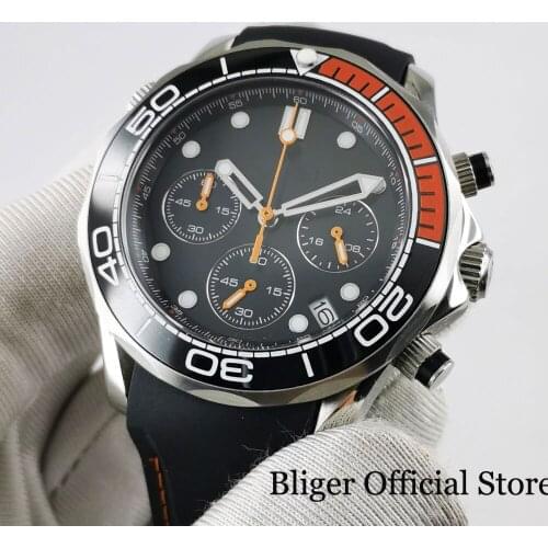 BLIGER Brand 41mm Quartz Watch Men Chronograph Date Function Nologo Dial Sapphire Glass Ceramic Bezel Rubber Strap