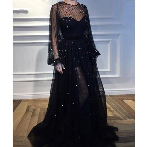 Black Muslim Evening Dresses 2020 A-line Long Sleeves Tulle Color Crystals Islamic Dubai Saudi Arabic Long Formal Prom Gown