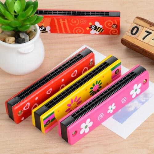 Wooden cartoon 16 hole double row harmonica children wooden puzzle toy music