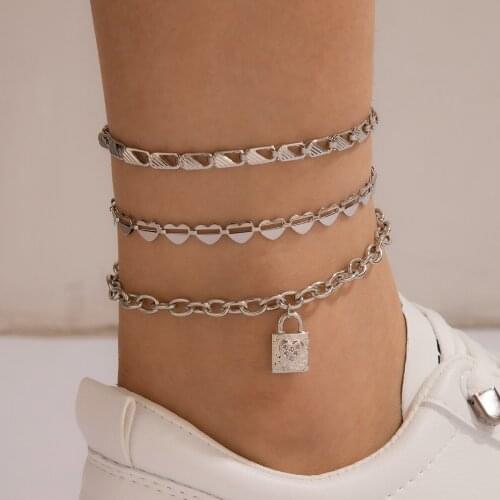 Docona Silver Color Heart Lock Anklets for Women Bohemia Geometric Hollow Metal Alloy Anklets Set Female Beach Jewelry 16661