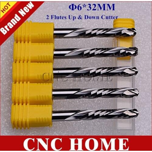 5 Pcs 6x32MM Up &Down Cut- 2 Spiral Flute Carbide CNC Mill Milling Tools,CNC Milling Cutter,Woodworking Cutting Tools Router Bit