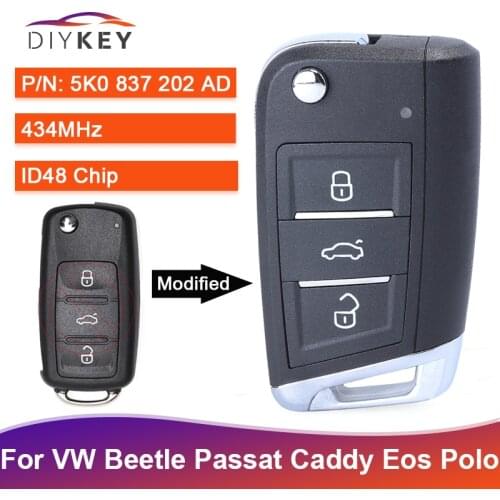DIYKEY Upgraded Remote Key for Volkswagen Beetle Passat Caddy Eos Polo Jetta 5K0 837 202 AD 434MHz ID48 Chip Fob 3 Button