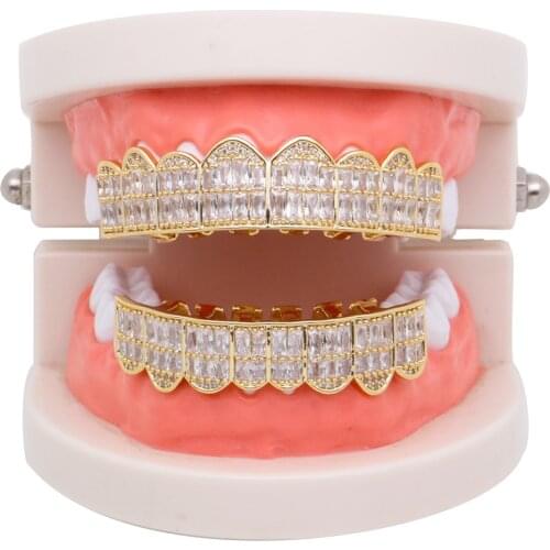 Iced out Teeth Grillz square Zircon Fang Mouth Caps Top Bottom gold silver color Grill Set Men Women dental Grills