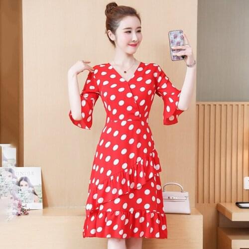 New Red Dot Print Summer Dress Plus Size 5XL Elegant Ruffle Flared Sleeves Oversize Womens Dress Female Party Dresses Vestidos