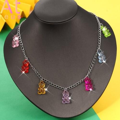 Handmade Multicolor Cute Cartoon Gummy Mini Bear Chain Necklaces Candy Color Pendant For Women Girl Daily Jewelry Party Gifts