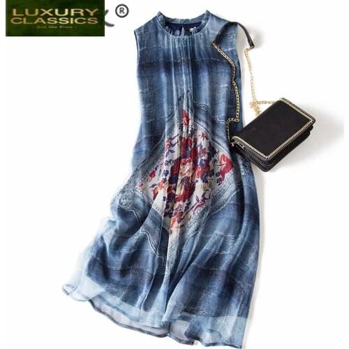Dress Real Silk Summer Women Clothes 2021 Vintage Sleeveless Floral Woman Dresses Elegant Ladies Boho Party Vestidos 0789