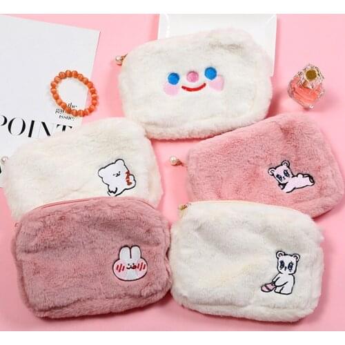 Cartoon Bear Embroidery Plush Bag Girl Pearl Cosmetic Bag Student Soft Pencil Makeup Storage Organizer Pouch Cute Clutch Handbag