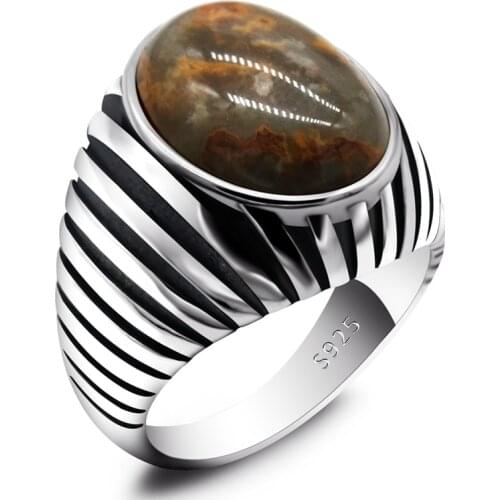 Real 925 Sterling Silver Men Women Ring with Natural Agate Stone Turkish Rings Lucky Jewelry for Husband Wife Anniversary Gift