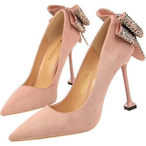 Luxury Brand Fashion Sexy Women Rhinestone Wedding Shoes Pumps 9.5cm High Heels Bow Shoes Red Pink Khaki For OL Lady