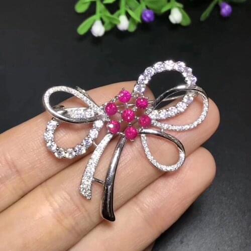 Ruby brooch Free shipping Natural real Ruby 925 sterling silver brooch Flower 3.2mm 7pcs gemstone