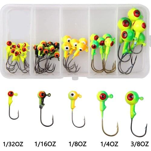 35pcs Fishing Jig Head Hook Ball Jig Head Worm Bait For Freshwater and Saltwater With Plastic Box Size 1/32oz-3/8oz