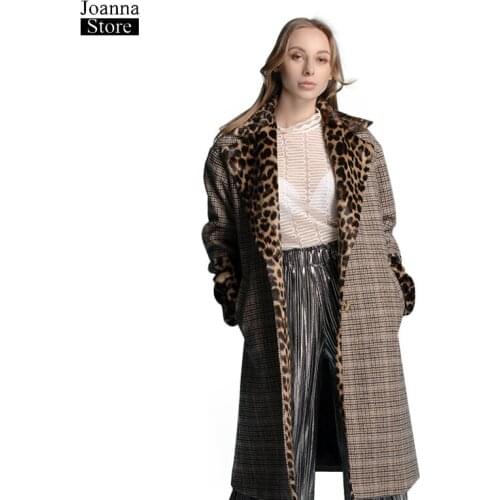 Wool winter coat women leopard plaid classic khaki vintage elegant coats plus size woolen korean outwear office ladies clothes