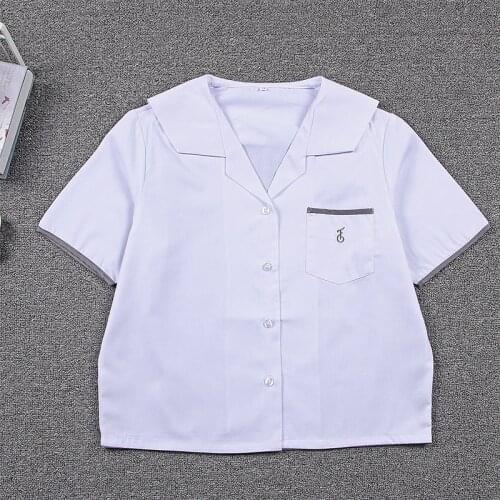 Sweet JK Girl School Uniform White Shirt Long Sleeve Short Sleeve Tops Preppy Style Blouse Embroidery Pocket Trim