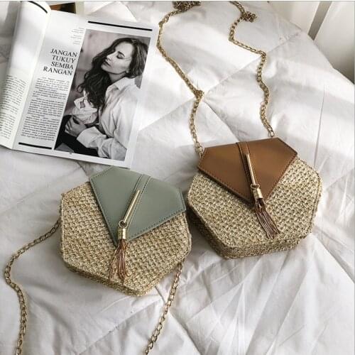 Hexagon Mulit Style Straw+leather Handbag Women Summer Rattan Bag Handmade Woven Beach Circle Bohemia Shoulder Bag New Fashion