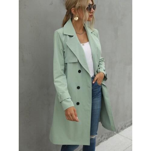 Fashion Women Casual Solid Color Coat Adults Autumn Elagant Fashion Long Sleeve Lapel NeckDouble Breasted Belted Trench Coat