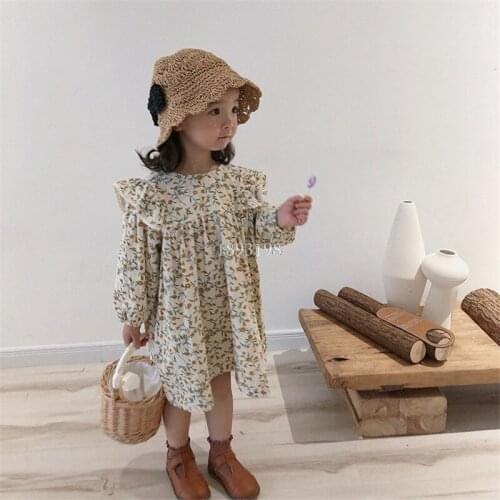 2021 Girls Long-sleeved Spring Autumn Cotton Linen Loose Doll Dresses Children Pastoral Style Baby Princess Floral Dress